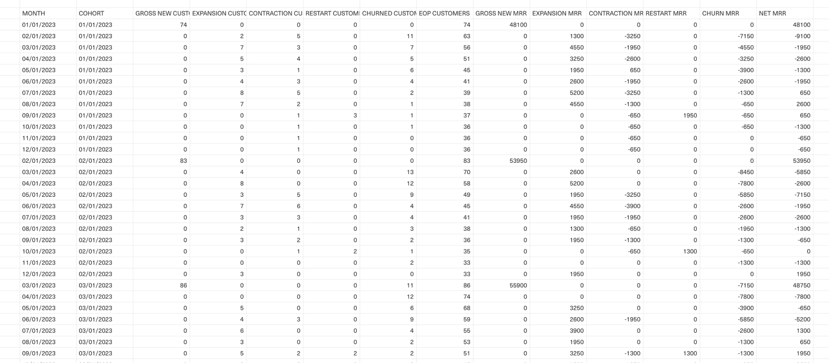 Example of the raw dataset where each customer is cohorted based on their first payment date and their MRR is broken into component parts.