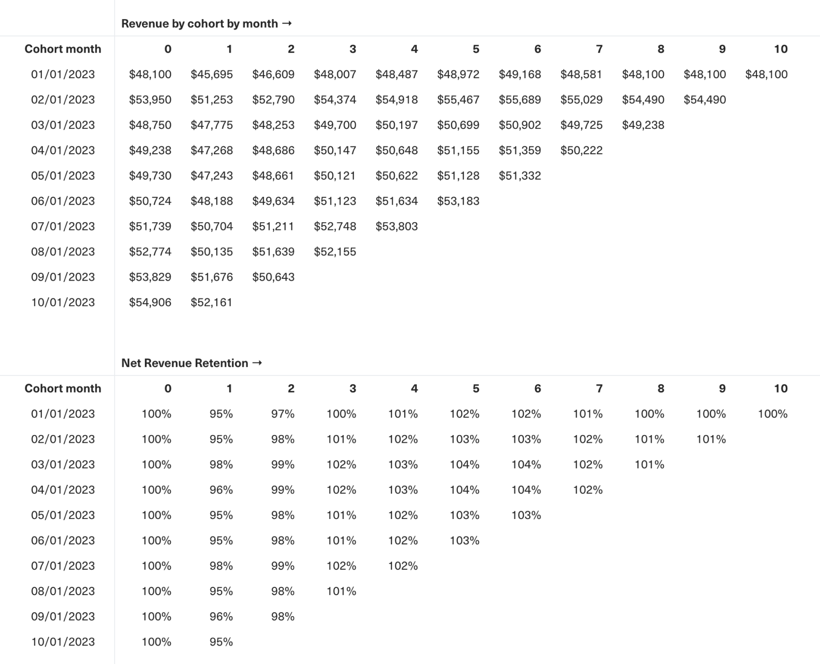 Table showing revenue by cohort month and NRR percentages.