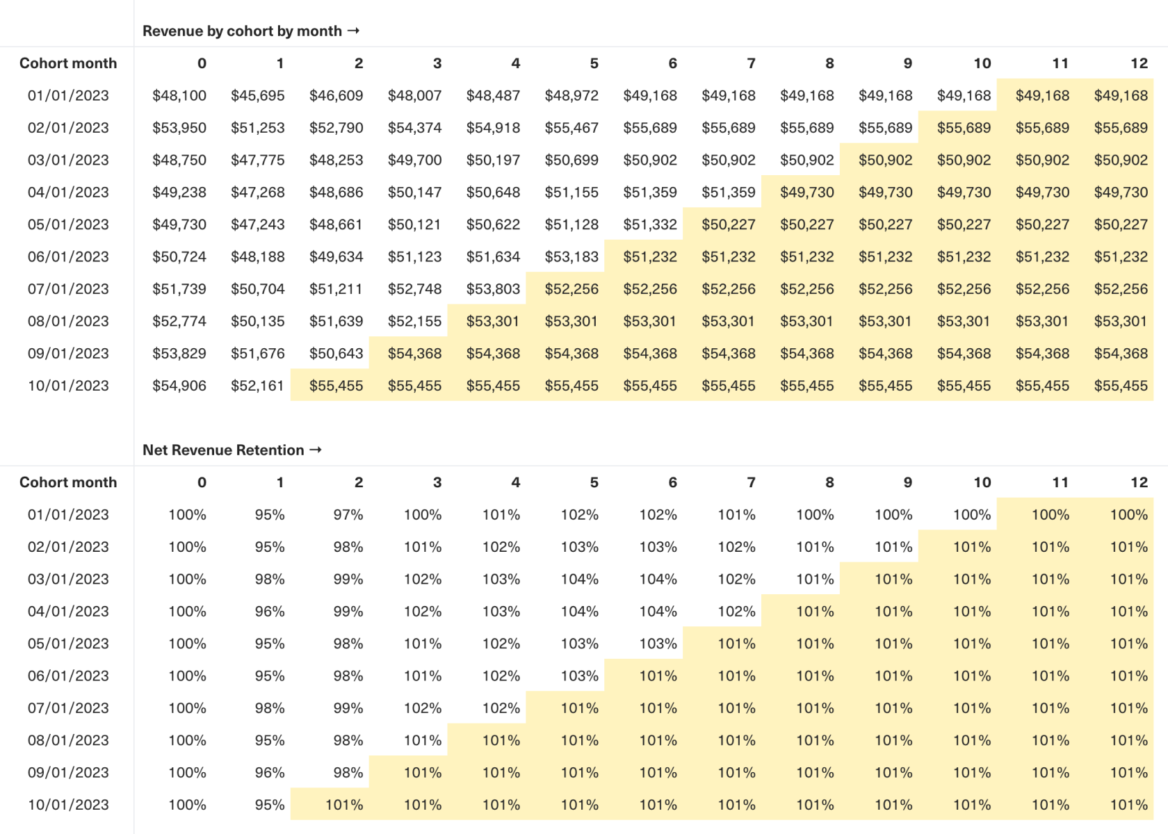 Table showing projected revenue by cohort month for twelve months and NRR percentages.