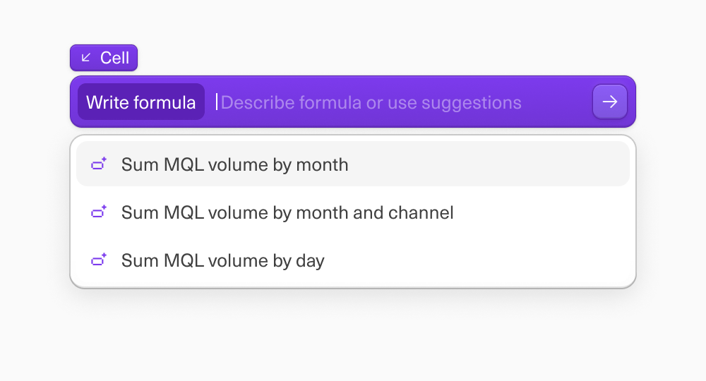 A screenshot of the Equals AI prompt for generating formulas, with a few suggested prompts