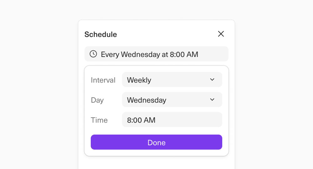 A screenshot of the UI for scheduling a query in Equals