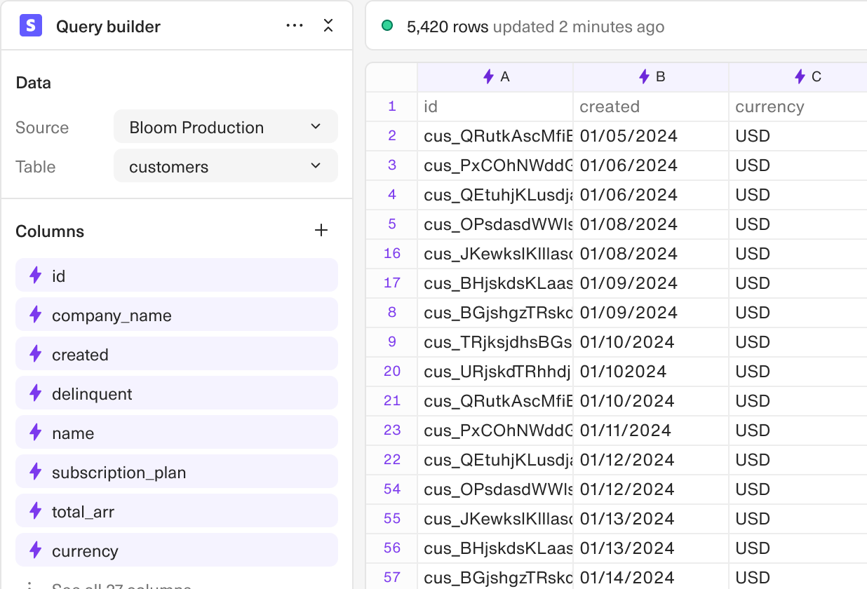 A screenshot of a query of Stripe's customers table outputting into a spreadsheet