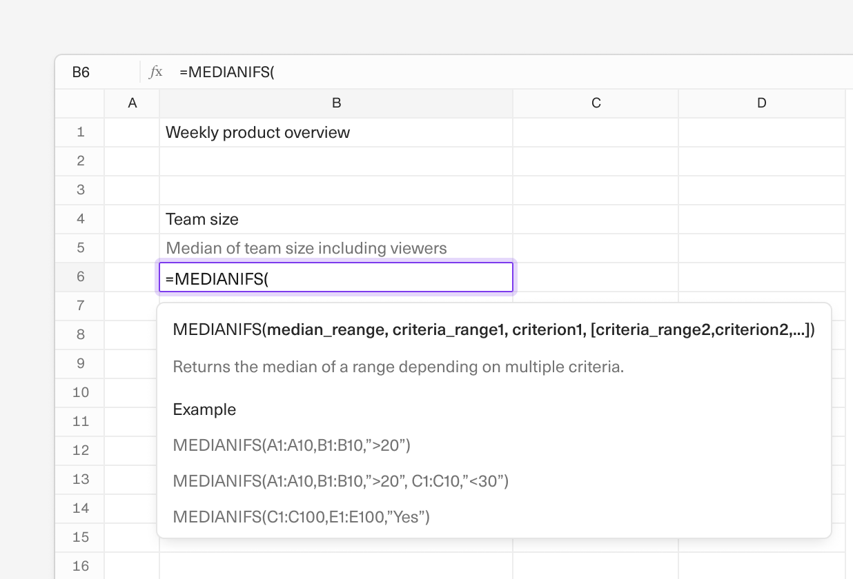 An image of the MEDIANIFS formula in an Equals spreadsheet.