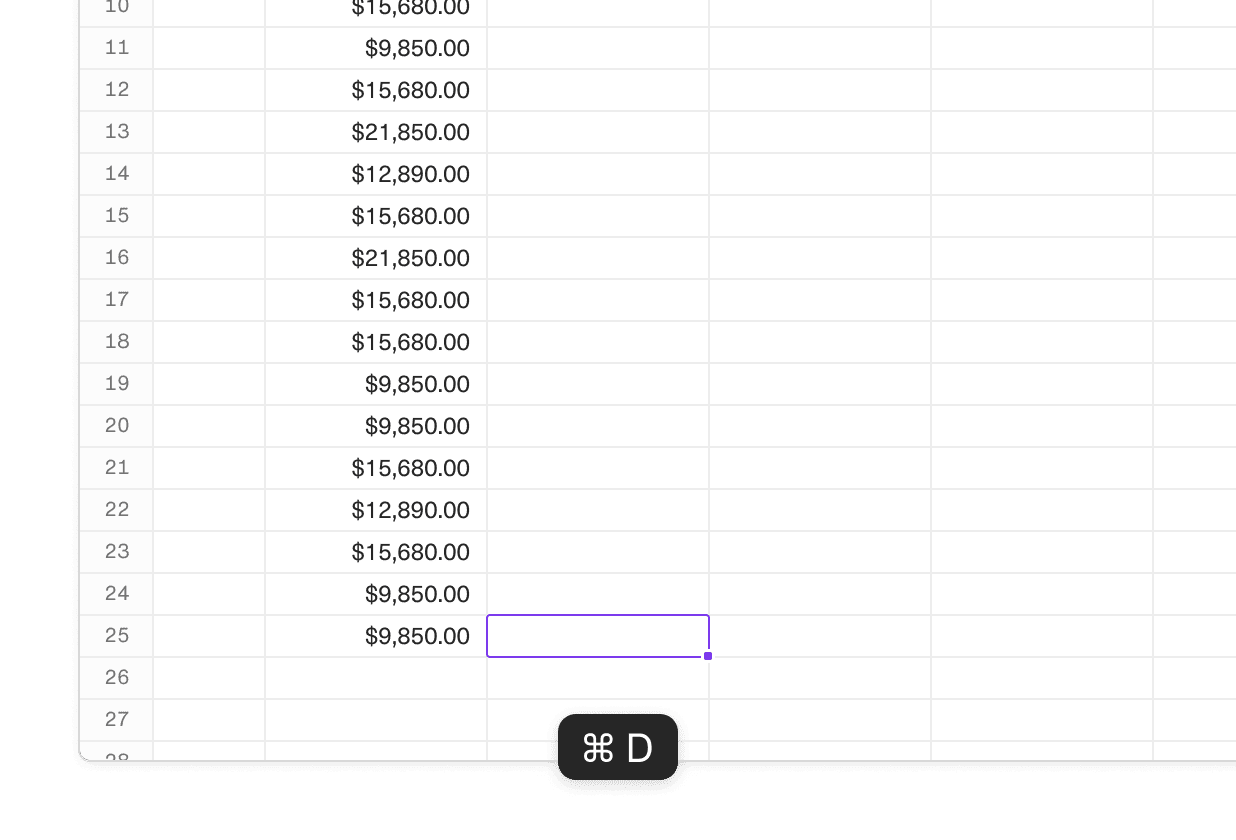 An image of the last cell in a spreadsheet before another range of cells.