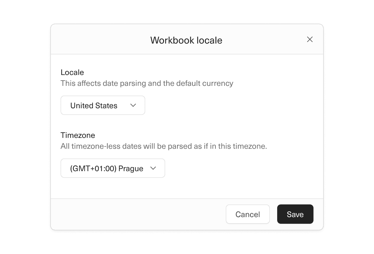 An image of the modal to configure timezone and currency in Equals.