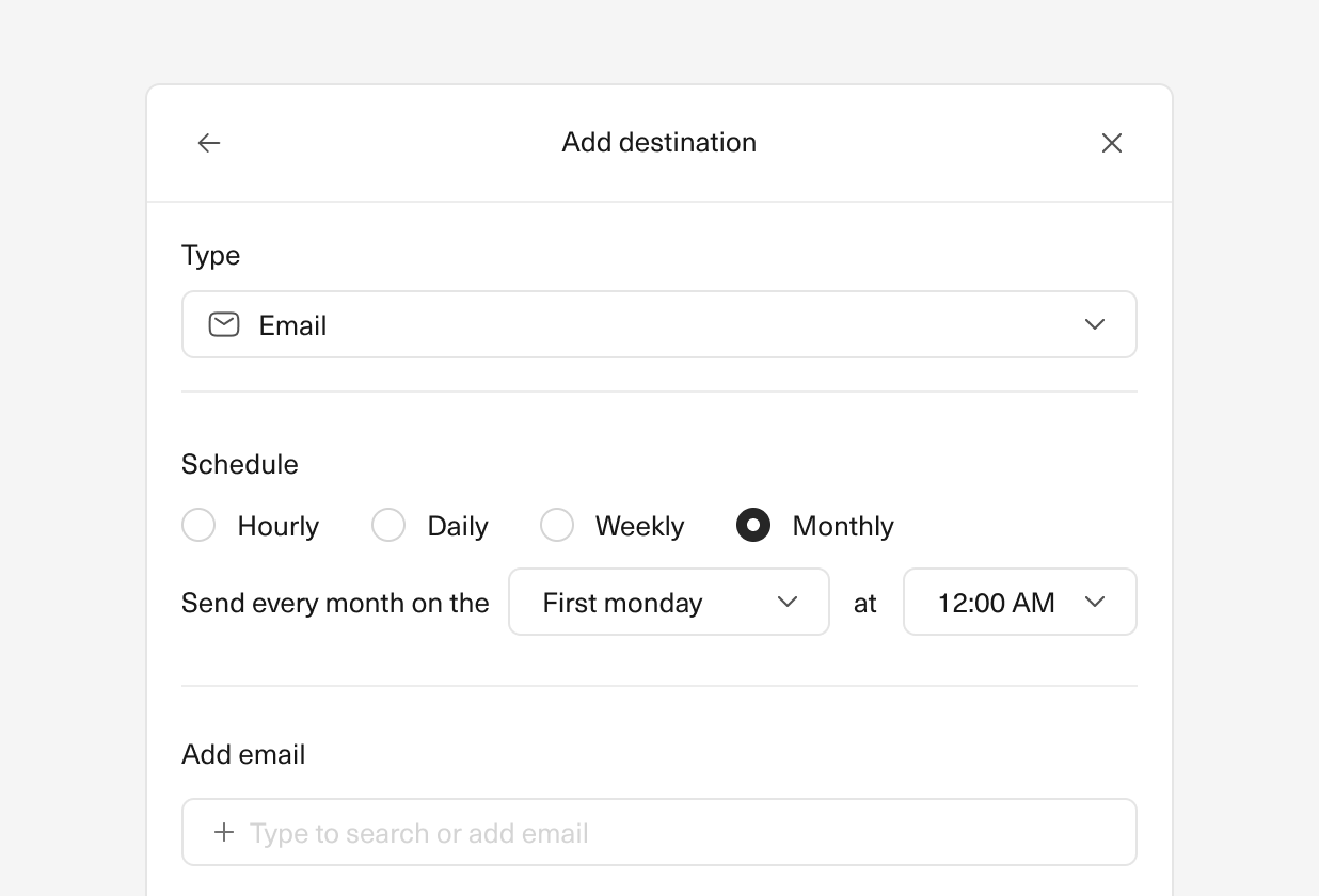An image of a portion of Equals where you can configure the dashboard to send to email monthly.