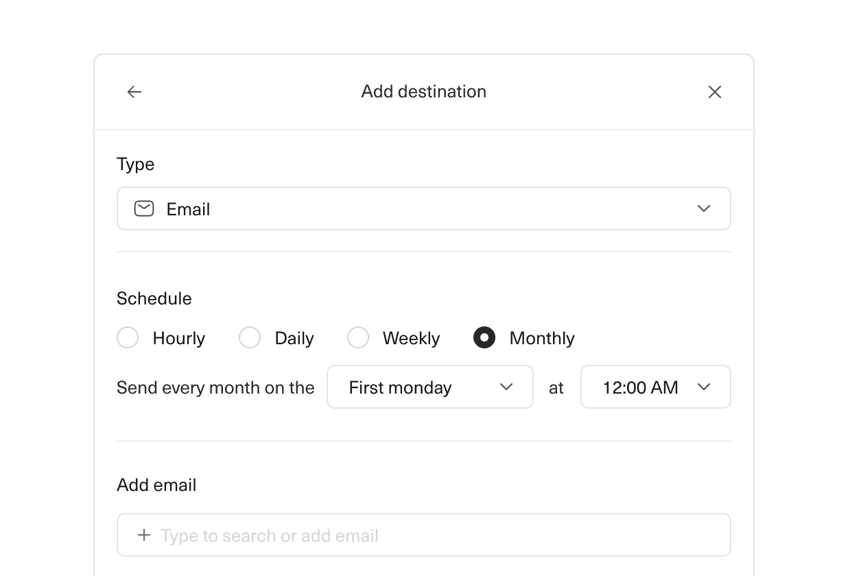 An image of a portion of Equals where you can configure the dashboard to send to email monthly.