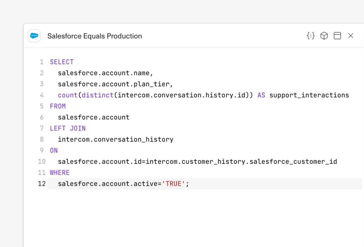 An image of joining across datasources like Stripe and Salesforce using SQL in an Equals spreadsheet.