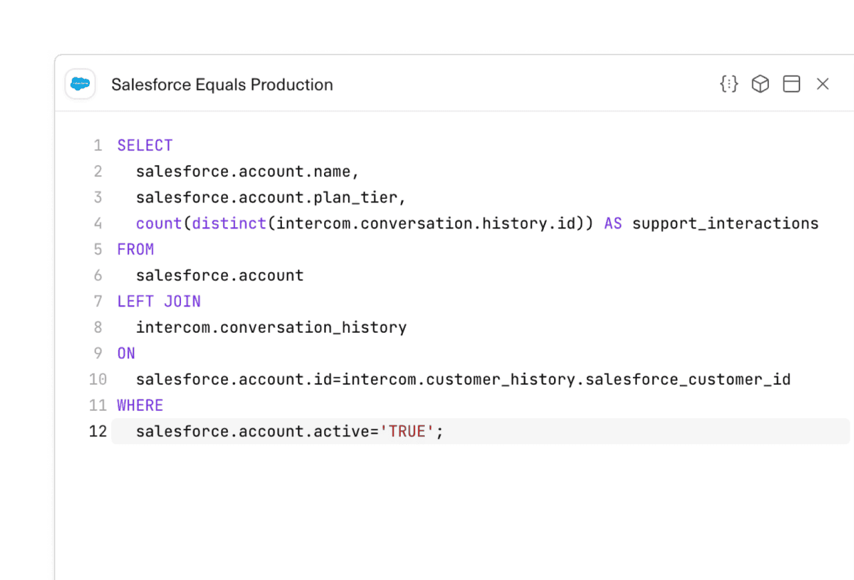 An image of joining across datasources like Stripe and Salesforce using SQL in an Equals spreadsheet.
