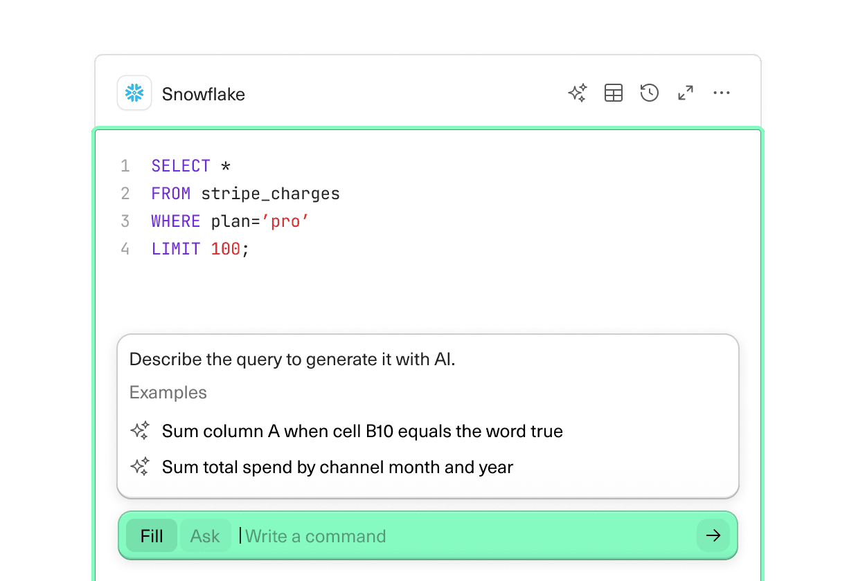 An image of AI Assist suggesting a query in Equals’ spreadsheet interface.