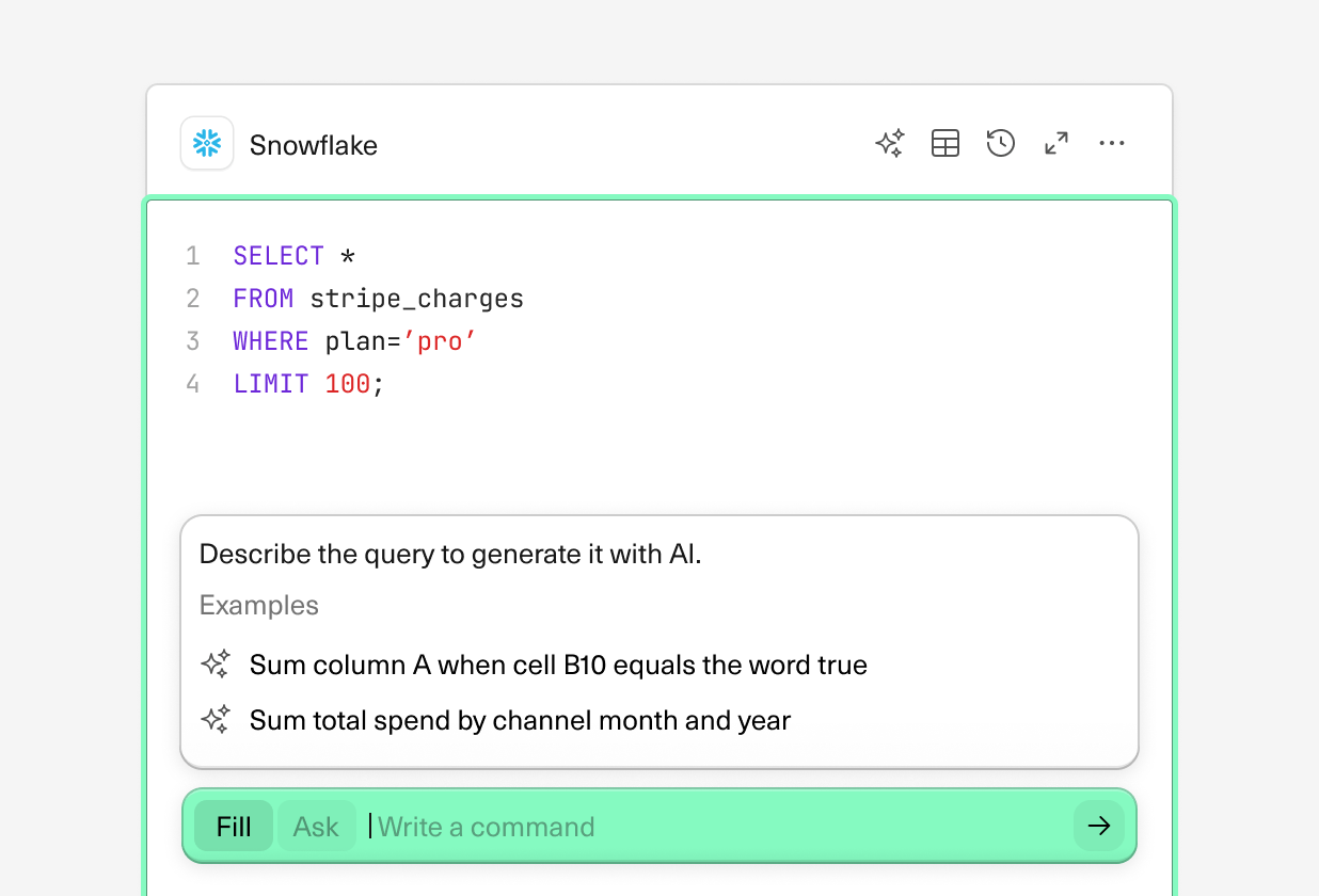 An image of AI Assist suggesting a query in Equals’ spreadsheet interface.