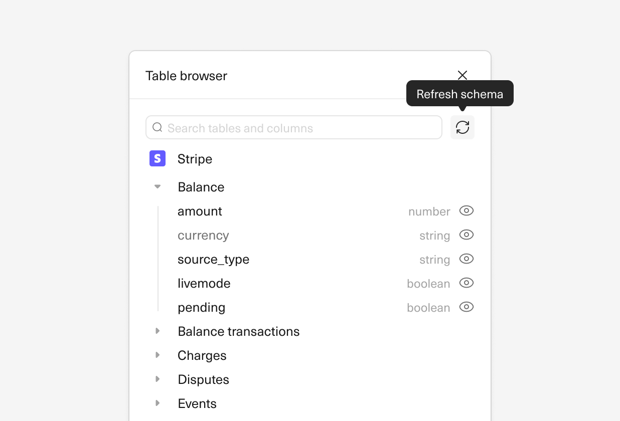 An image of a portion of the Equals spreadsheet displaying the refresh schema button.