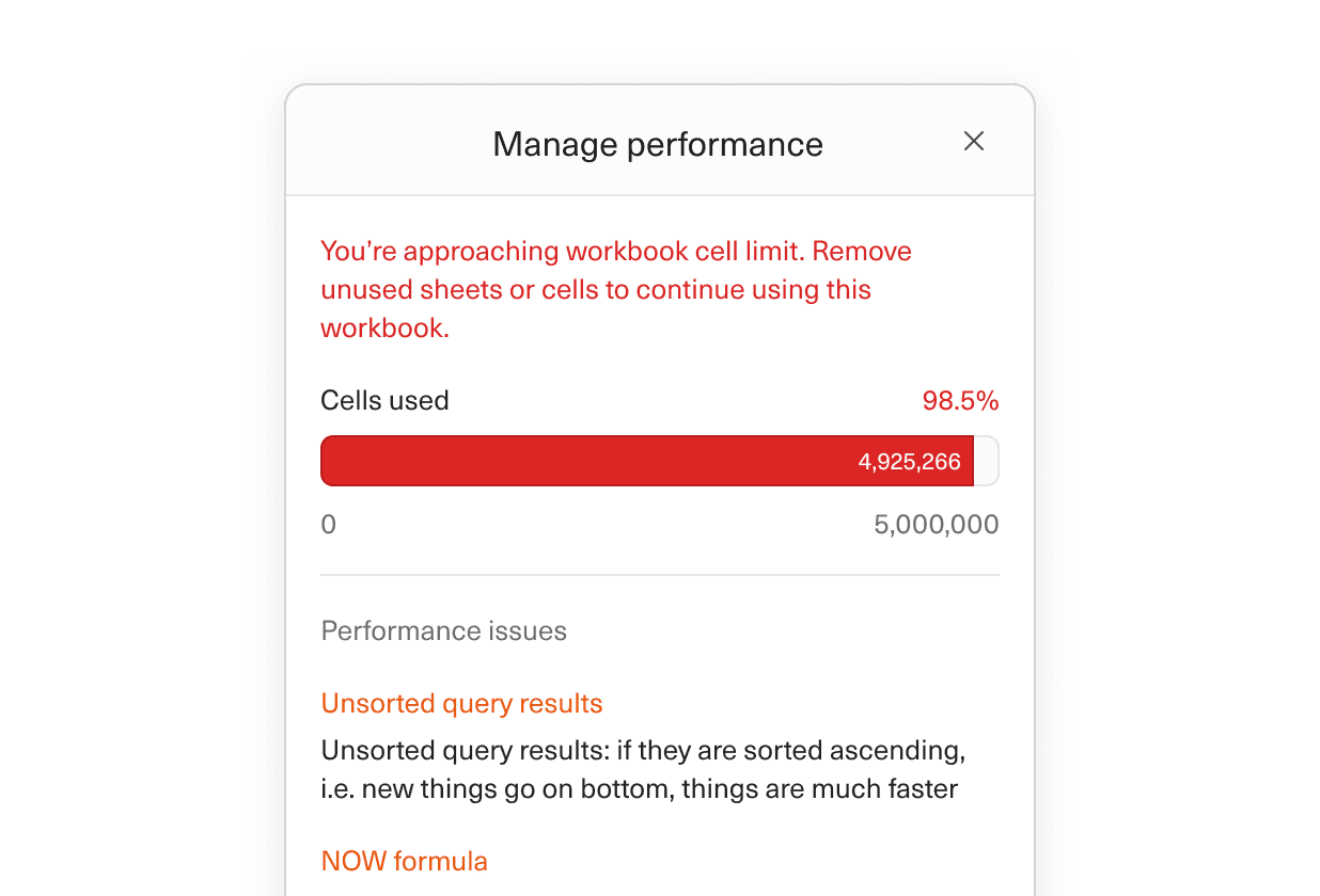 An image of our workbook health monitor modal in Equals with suggestions to make the workbook faster.