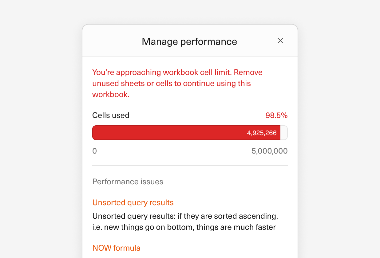 An image of our workbook health monitor modal in Equals with suggestions to make the workbook faster.