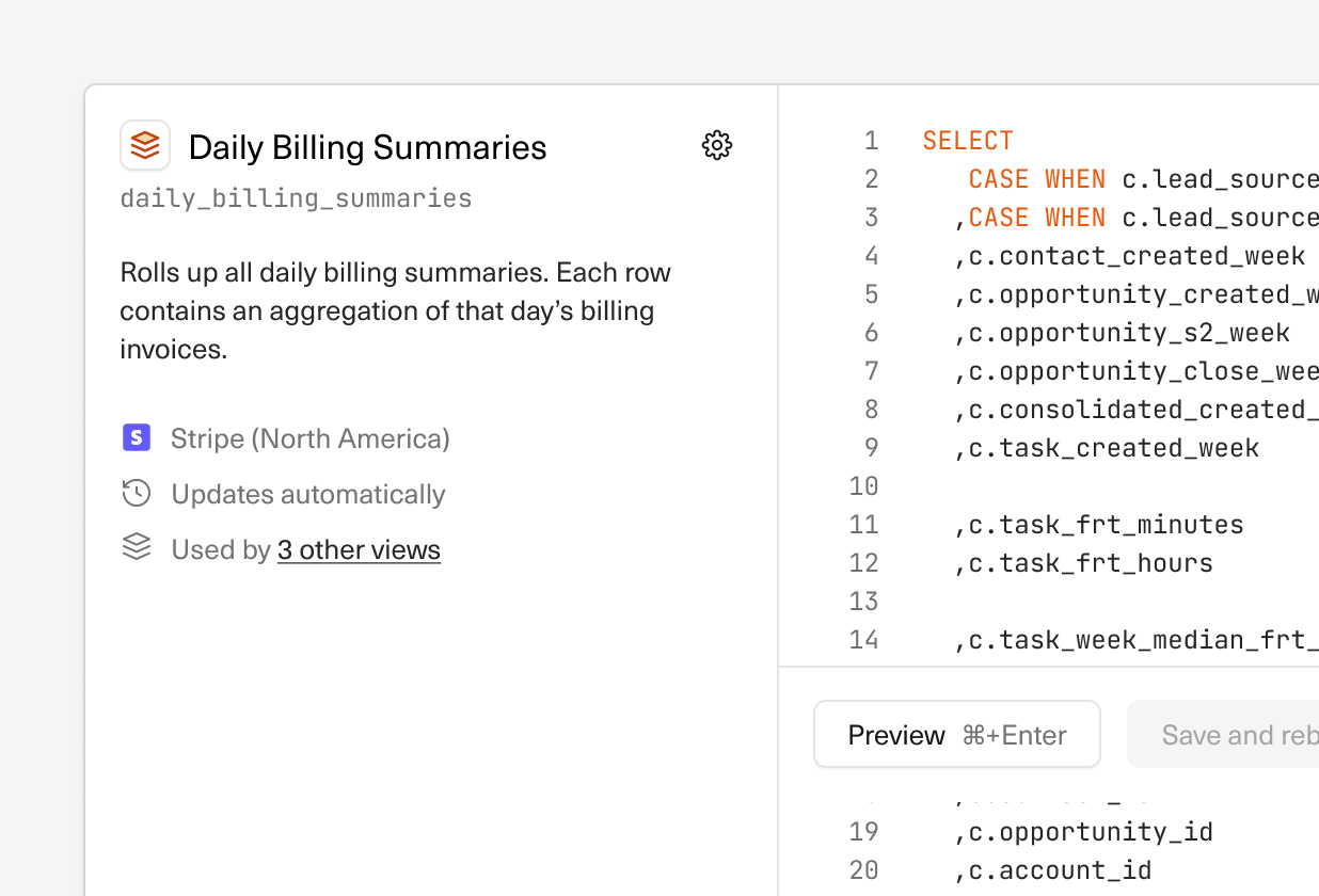 An image of the View functionality in an Equals spreadsheet, where you can write SQL to create a table in your datasource.