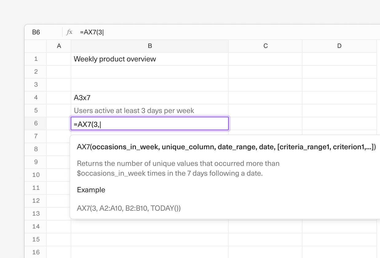 An image of the AX7 formula in an Equals spreadsheet.