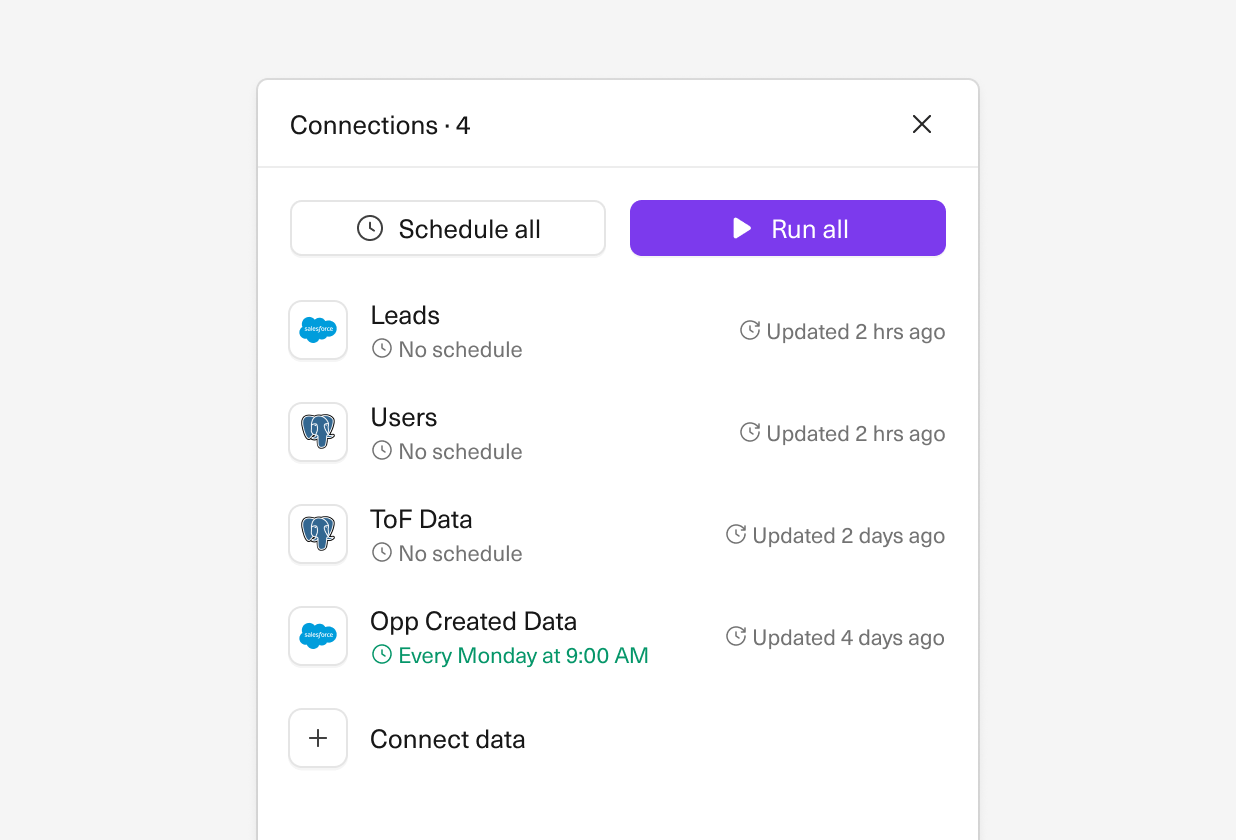 An image of the 'run all' button from the Equals connections overview panel.