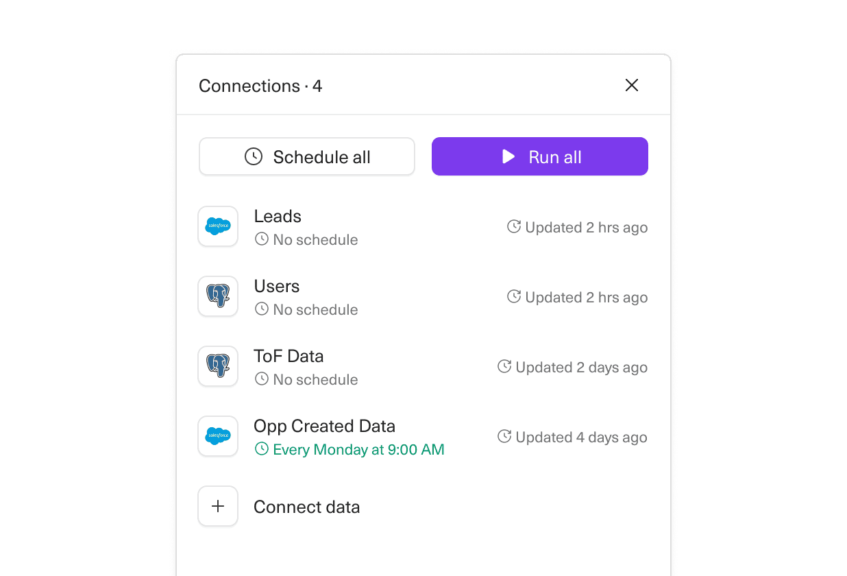 An image of the 'run all' button from the Equals connections overview panel.