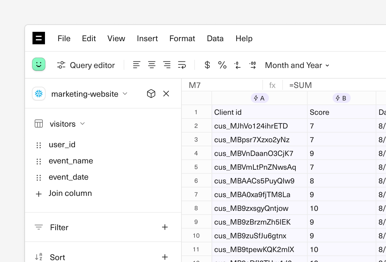 An image of the query builder in a zoomed in version of an Equals spreadsheet.