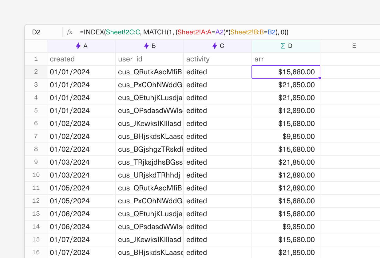 A zoomed in Equals sheet displaying multiple criteria in a MATCH formula.