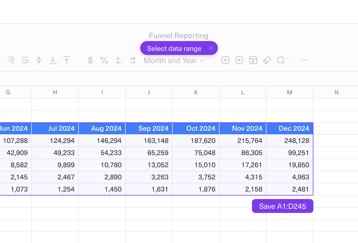 A zoomed in portion of an Equals sheet showcasing a new button for selecting a data range to be displayed in a chart or pivot.