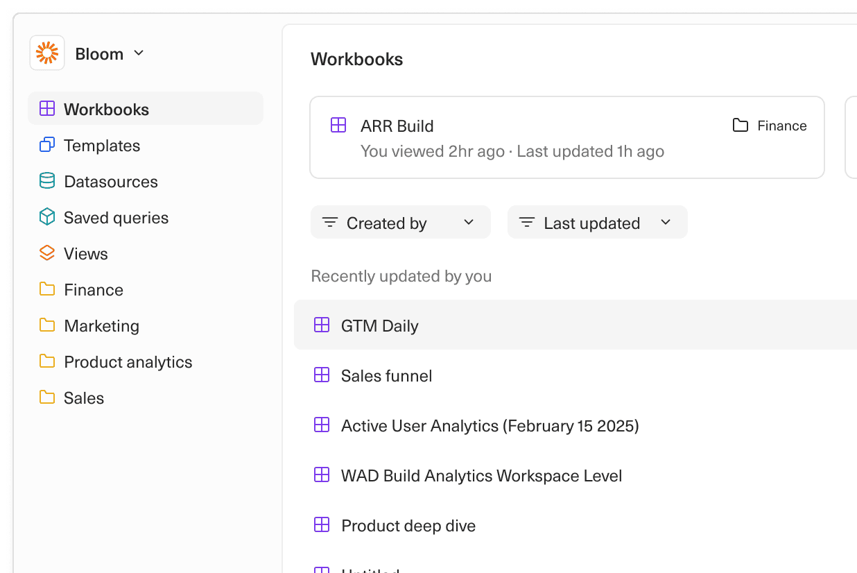 A screenshot of the workbooks home screen in Equals, with the sidebar visible.