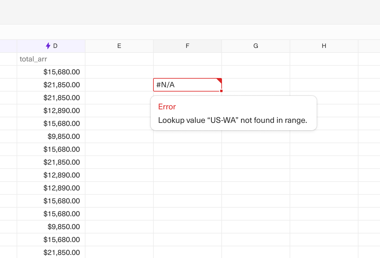 Image of a spreadsheet with a detailed error message in errored cell.