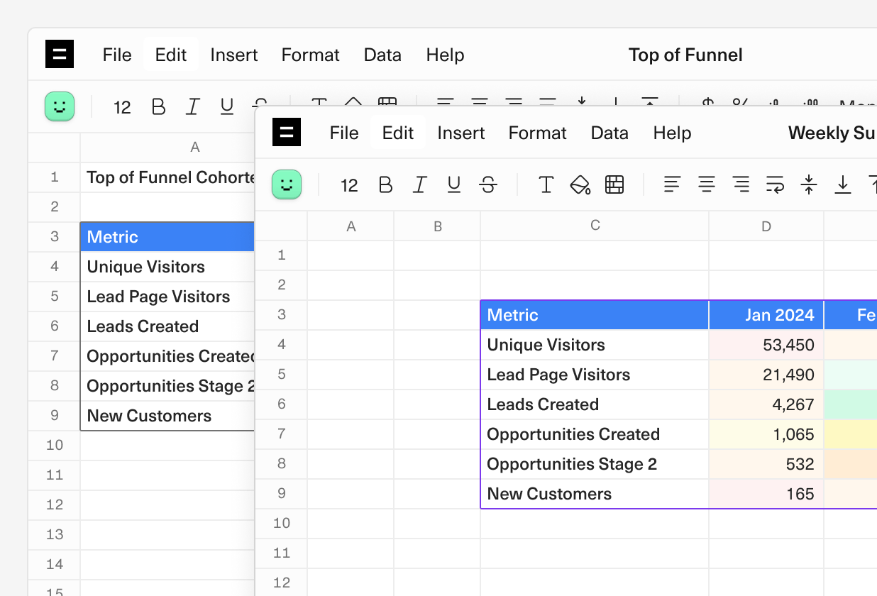 Image of two spreadsheet workbooks with the same table that contains conditional formatting, signaling a copy-paste action.