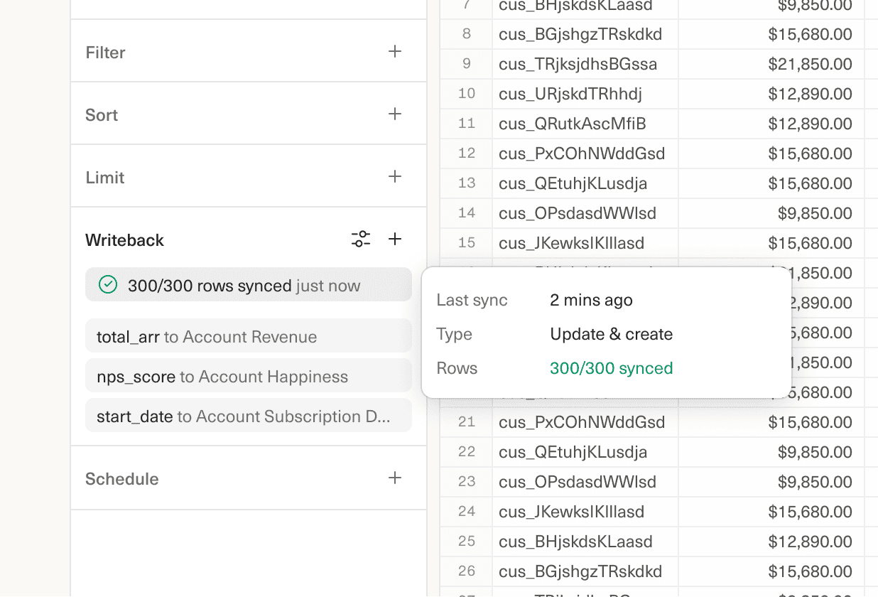 An image of multiple columns writing back from Equals to CRM.