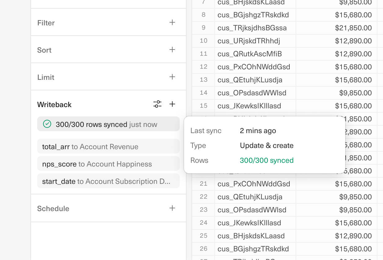 An image of multiple columns writing back from Equals to CRM.