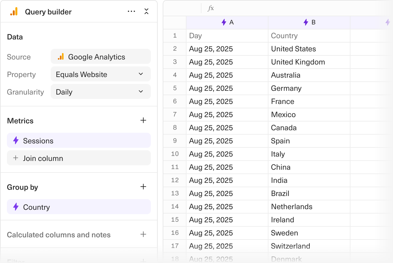A screenshot of the modals used to query from Google Analytics in Equals.