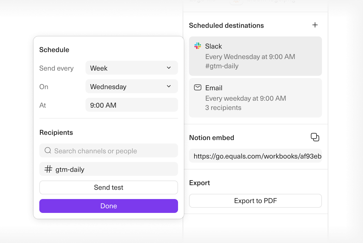 An image of the send to Slack scheduler in Equals.