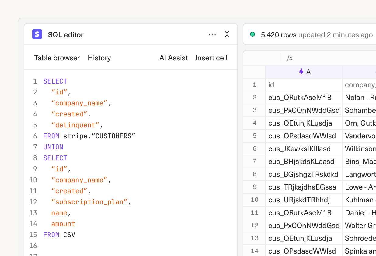 Image of a spreadsheet with a query that unions CSV data with Stripe data.