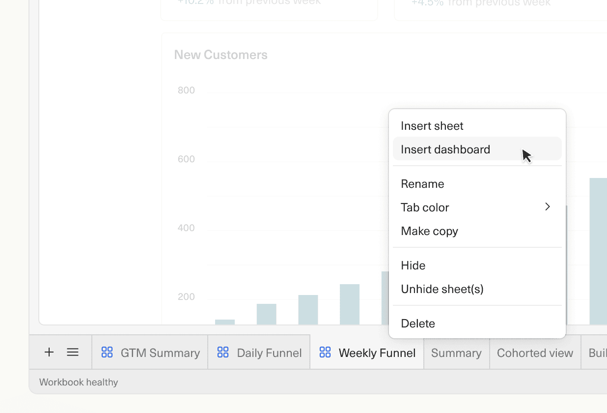 A zoomed in image of the spreadsheet bottom toolbar displaying a menu visible on right click showing the insert dashboard capability.