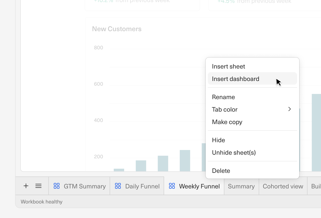 A zoomed in image of the spreadsheet bottom toolbar displaying a menu visible on right click showing the insert dashboard capability.