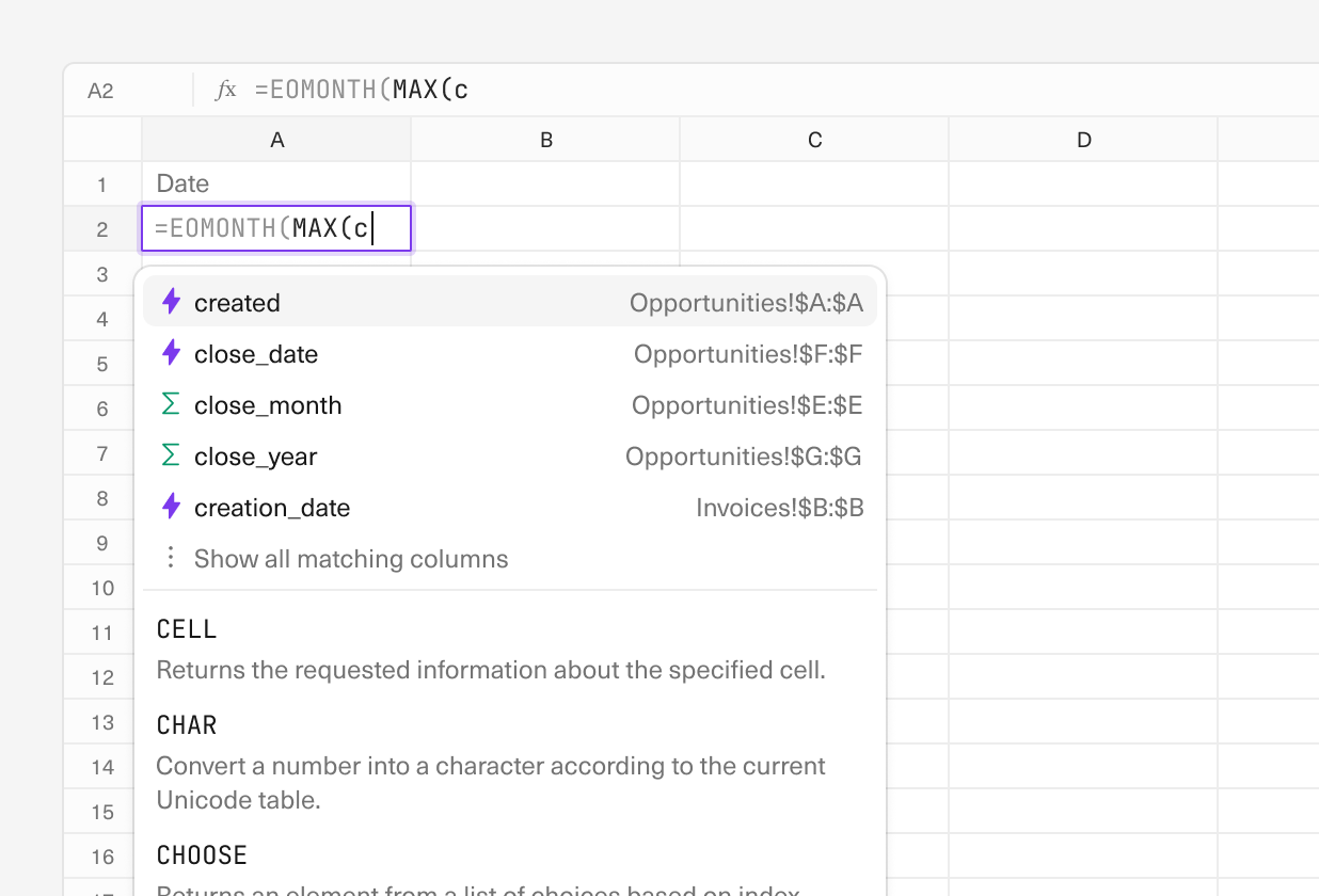 A spreadsheet zoomed into a cell that has a formula being written showcasing the new autocomplete drop down.