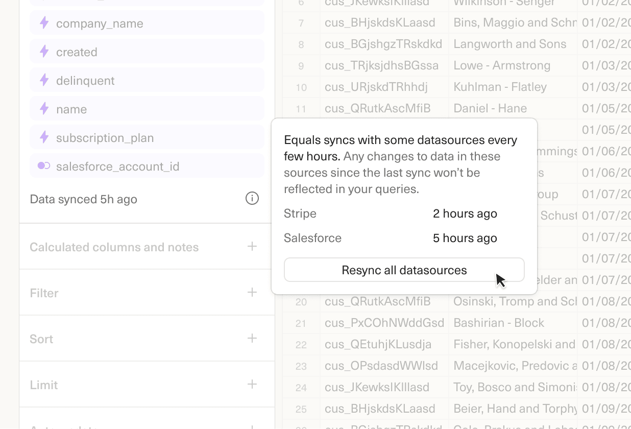 An image of refreshing a sync from a workbook for Equals datasources.