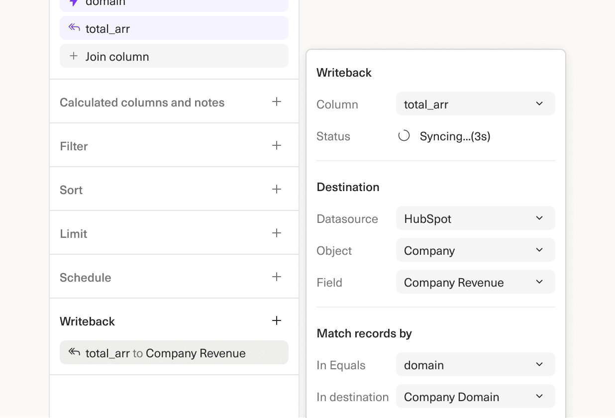 An image of the Equals query builder with a writeback of ARR values to HubSpot in progress.