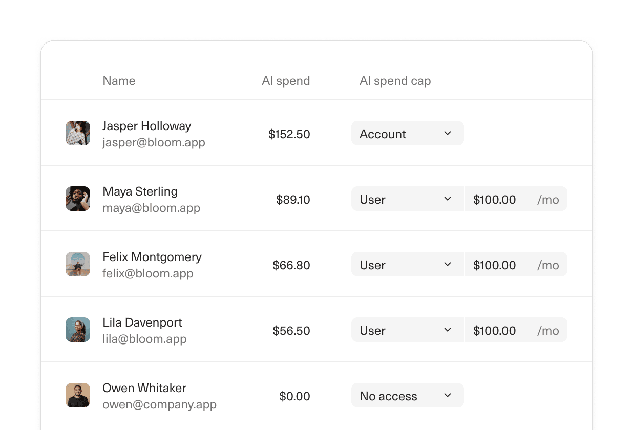 Image of the Members page in Equals settings showing each member's AI spend alongside an AI spend cap set to either the account default, a per-user monthly limit, or no access.