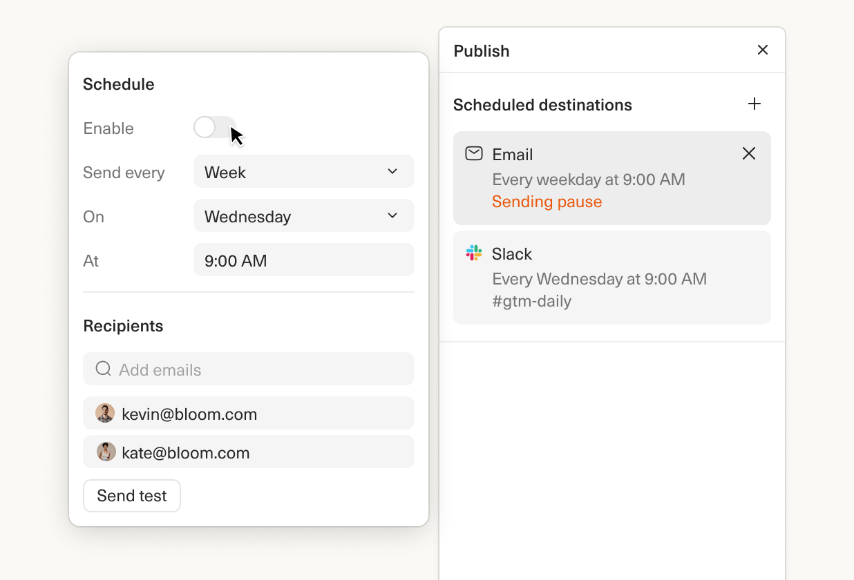 Image of the Equals dashboard sidebar wherein pausing dashboard sends can be selected.