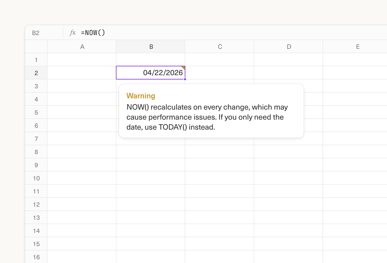 Image of an Equals sheet with cell B2 selected showing =NOW() and a warning popover explaining that NOW() recalculates on every change and suggesting TODAY() instead.