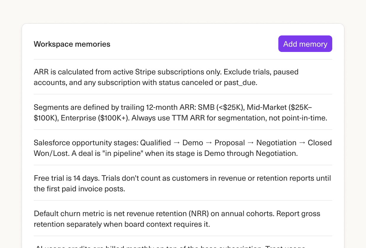 Image of the workspace memories UI in Equals, showing a list of saved memories about a business and an Add memory button.