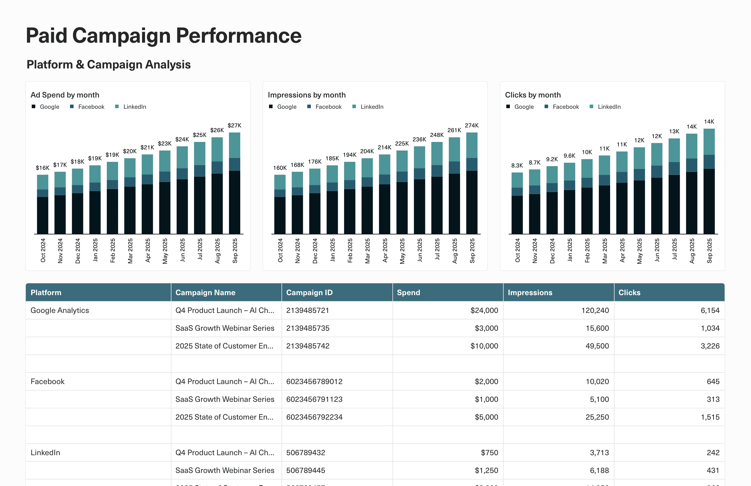 Dashboard displaying paid ads performance tracking by channel.